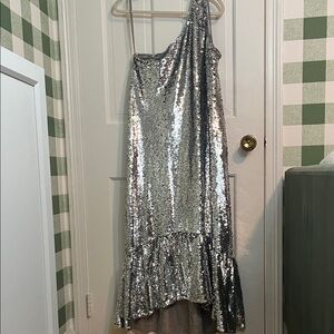 NWT Anthropologie Maeve Silver Sequin One Shoulder Dress Size M
